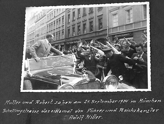Private photo of Hitler greeting a crowd from his car in Munich